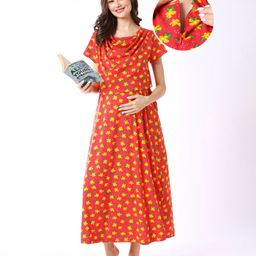 Bella Mama Cotton Knit Half Sleeves Nursing Nighty Floral Print - Pink-picture-17