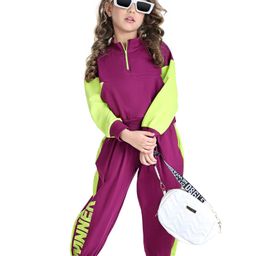 Ollington St. Cotton Knit Full Sleeves Color-Blocked Zipper Sweat Shirt & Joggers Set With Text Print - Wine & Lime Green-image-56