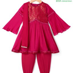 Babyoye Cotton Blend Woven Full Sleeves Solid Dyed Floral Embroidered Kurti & Salwar Set with Dupatta - Dark Pink-image-96