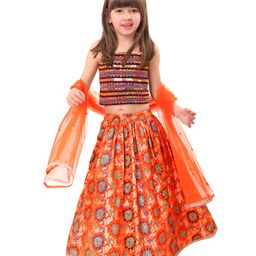 Babyhug Singlet Sleeves Sequinned Choli with Brocade Lehenga & Dupatta Set - Orange-image-56