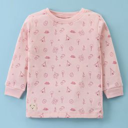 Ollypop Cotton Full Sleeves Thermal Inner Wear with Camping Theme Print & Bear Patch Detailing - Pink-image-99