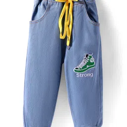 Kookie Kids Full Length Cotton Jeans With Shoes Embroidery - Blue-picture-2