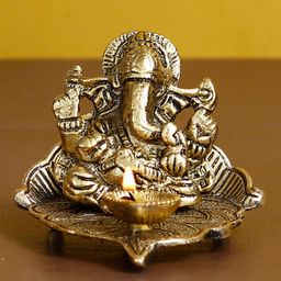 eCraftIndia Golden Metal Handcrafted Lord Ganesha Idol With Diya On Leaf-18