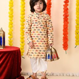 MoMaa Pure Cotton Full Sleeves Elephants Printed & Thread Work Embroidered Dhoti Kurta Set - Beige & White-28