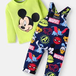 Babyhug Disney Terry Knit Full Sleeves T-Shirt with Dungaree Disney Character Print - Green & Navy Blue-image-24