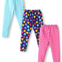 Babyhug Cotton Lycra Knit Full Length Leggings With Heart & Polka Dot Print Pack of 3 - Blue Dark Pink & Navy Blue-image-43