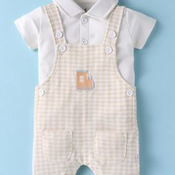 Child World Interlock Knit Half Sleeves Shirt & Checkered Dungaree Style Romper with Rail Engine Embroidery - Beige-image-19
