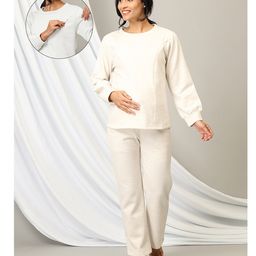 The Mom Store Cotton Full Sleeves Solid Coordinating Maternity Top With Nursing Access & Pajama Set - Off White-image-129