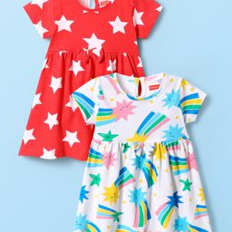 Babyhug Single Jersey Knit Half Sleeves Frocks with Stars Print & Bow Applique Pack of 2 - Red & White-image-79