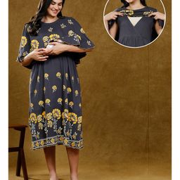 True Shape Half Cape Sleeves Floral Printed Lace Embellished Maternity Poncho Dress With Nursing Access - Grey-image-53