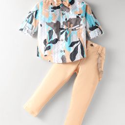 Rikidoos Full Sleeves Leaves Embroidered Shirt With Pant Suspender & Bow Set - Multi Colour & Peach-image-94
