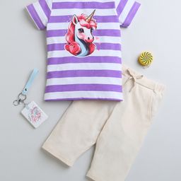 BUMZEE Cotton Woven Half Sleeves Unicorn Printed & Striped Capri Night Suit - Beige & Purple-image-85