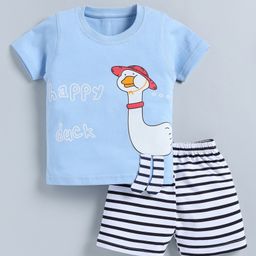 CUTOPIES Cotton Half Sleeves Duck Printed Tee With Striped Shorts Set - Blue-image-3