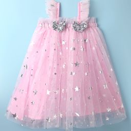 Babyhug Woven Sleeveless Party Dress With Foil Star Print & Bow Applique - Pink-image-38