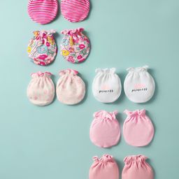 Ben Benny 100% Cotton Interlock Knit Mittens with Stripe Design & Floral Print Pack of 6 - Pink & White-picture-11