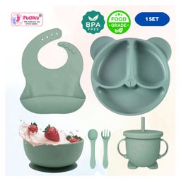 Puchku 6 Pcs Silicone Baby Feeding Set, BPA Free & Microwave Safe Dinner Tableware Kit - Feeding Bowl, Suction Plate, Cup, Spoon, Fork & Bib for Kids ( Pack of 1, Dusky Green)-image-16
