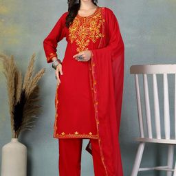 Clora Creation Floral Yoke Design Aari Work Straight Kurta With Palazzos & Dupatta-42