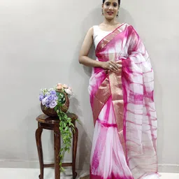 KALINI Tie and Dye Zari Organza Leheriya Saree-image-48