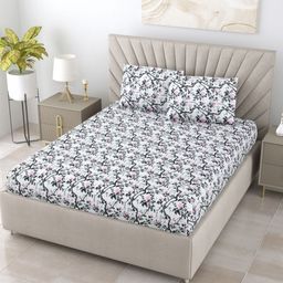 BOMBAY DYEING Grey & White Floral 144 TC King Bedsheet with 2 Pillow Covers-image-70