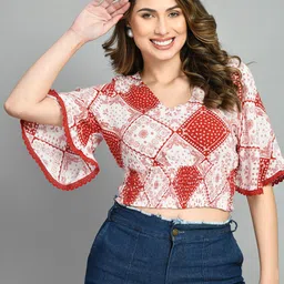 DressBerry Ethnic Motifs Printed V-Neck Flared Sleeves Fitted Crop Top-image-74