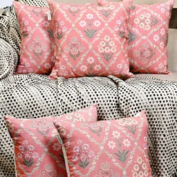 ANWYN Pink & Off White Set of 5 Ethnic Motifs Square Cushion Covers-3