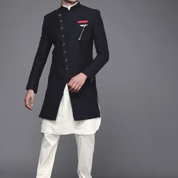 Manyavar Men Navy Blue & White Printed Sherwani Set-image-95