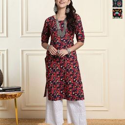 HERE&NOW Selection Of 3 Ethnic Motifs Printed Round Neck Straight Kurta-image-102