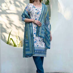 MOJILAA Women Floral Printed Regular Pure Cotton Kurta with Trousers & With Dupatta-image-44