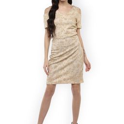 Harpa Women Beige Self Design Bodycon Cold Shoulder Dress-image-87