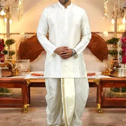 TATTVA Men Regular Pure Silk Kurta with Dhoti Pants & With Dupatta-picture-2