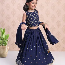 Babyhug Sleeveless Choli & Lehenga With Dupatta Sequin Detailing - Dark Blue-picture-28