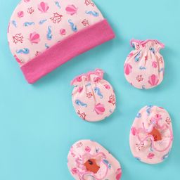 Ben Benny Cotton Knit Cap Mittens & Booties Set Sea Horse Print Pink - Cap Diameter 11 cm-image-62
