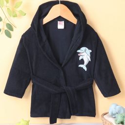 Babyhug Cotton Knit Full Sleeves Hooded Bath Robe Dolphin Patch - Navy Blue-image-74