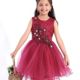 Mark & Mia Sleeveless Party Dress with Floral Corsage Motif & Pearl Detailing - Maroon-image-71