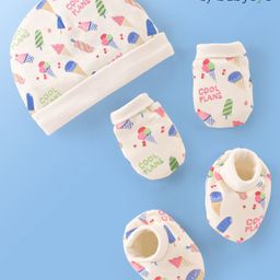 Babyoye Eco Conscious 100 % Cotton Cap Gloves and Mittens Set Ice Cream Print White - Diameter 13 cm-14