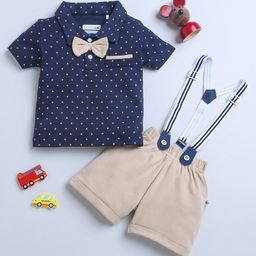 BUMZEE Interlock Half Sleeves  Star Printed Tee & Shorts Set With Suspender - Beige & Navy Blue-image-24
