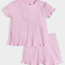 Mi Arcus100% Cotton Half Sleeves Ribbed Pattern Top & Shorts Set - Pink-image-38
