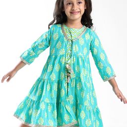 Babyhug Cotton Woven Cambric Printed Ethnic Dress with Three Fourth Sleeves Floral Printed Border Jacket - Green-image-39
