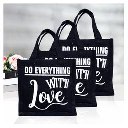 Kuber Industries Lunch Bag  Jute Carry Bag  Lunch Handbag  Lunch Bags for office  Reusable Lunch Bag with Handle  Tiffin Carry Hand Bag  Love-Print Lunch Bag  Small  Pack of 3  Black-80