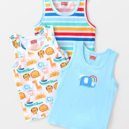 Babyhug 100% Cotton Knit Sleeveless Jungle Safari Printed Sando Pack of 3 - Multicolour-image-70