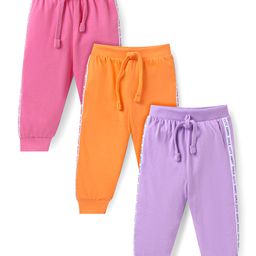 Babyhug Cotton Knit Full Length Lounge Pants With Text Print Pack Of 3 - Orange Pink & Lilac-image-127