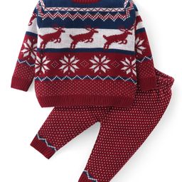Babyhug Knitted Full Sleeves Pullover Sweater & Pant Set With Reindeer & Floral Design - Maroon-picture-15