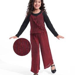 Hola Bonita Half Sleeves Shimmered Frill Detailed Top  & Pant Set with Inner Full Sleeves T-Shirt - Red-image-47