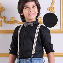 Mark & Mia Full Sleeves Pleated Solid Party Shirt with Bow & Suspender - Black-image-59
