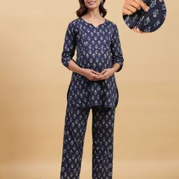 Ikk Kudi by Seerat Three Fourth Sleeves Abstract Motif Printed Kaftan Kurta With Zipper Nursing Access & Pant Set - Blue-picture-12