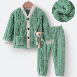 Kookie Kids Full Sleeves Winter Wear Night Suit With 3D Teddy Applique - Mint-image-31