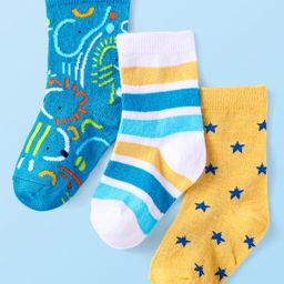 Cute Walk by Babyhug Knit Ankle Length Socks With Animal & Star Design - Blue White & Yellow-image-95