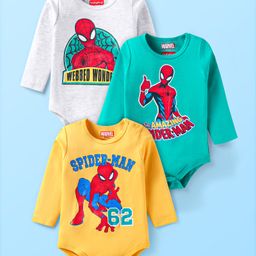 Babyhug Marvel Interlock Knit Full Sleeves Spider Man Printed Onesies Pack of 3 - Yellow Blue & White-image-5