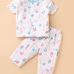 Child World Interlock Knit Half Sleeves Co-Ord Nightsuit with Sea Life Theme Print - White & Light Blue-image-20