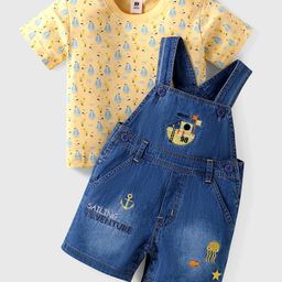 ToffyHouse Interlock Knit Half Sleeves T-Shirt & Dungaree with Boat Print & Embroidery - Navy Blue & Yellow-picture-29
